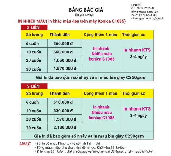 Bảng giá in nhanh