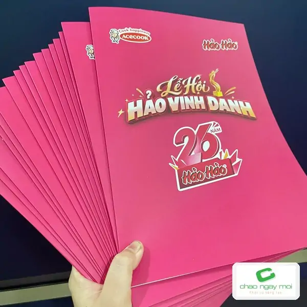 Xấp ấn phẩm bìa hồng in màu cầm trên tay