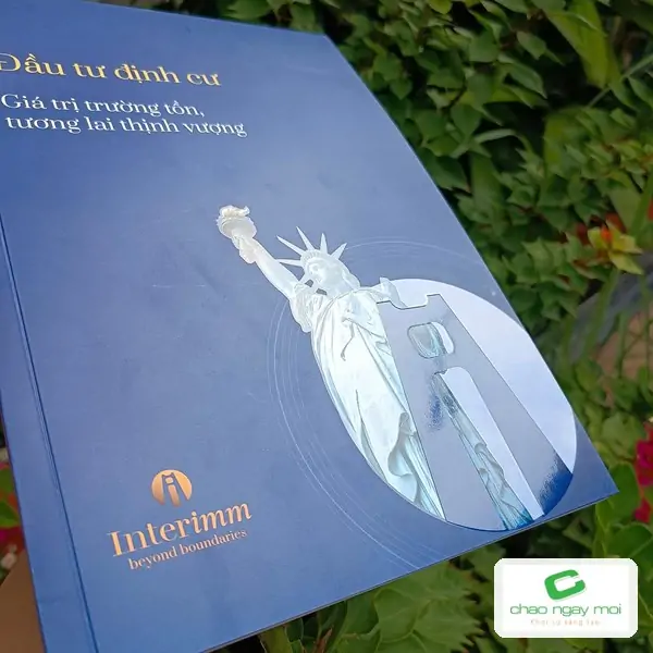 B&igrave;a brochure Interimm với h&igrave;nh tượng Nữ thần Tự do